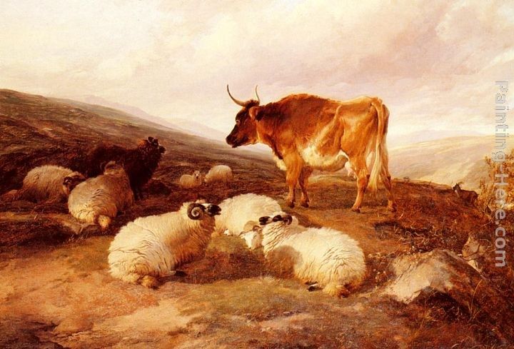 Thomas Sidney Cooper Rams And A Bull In A Highland Landscape